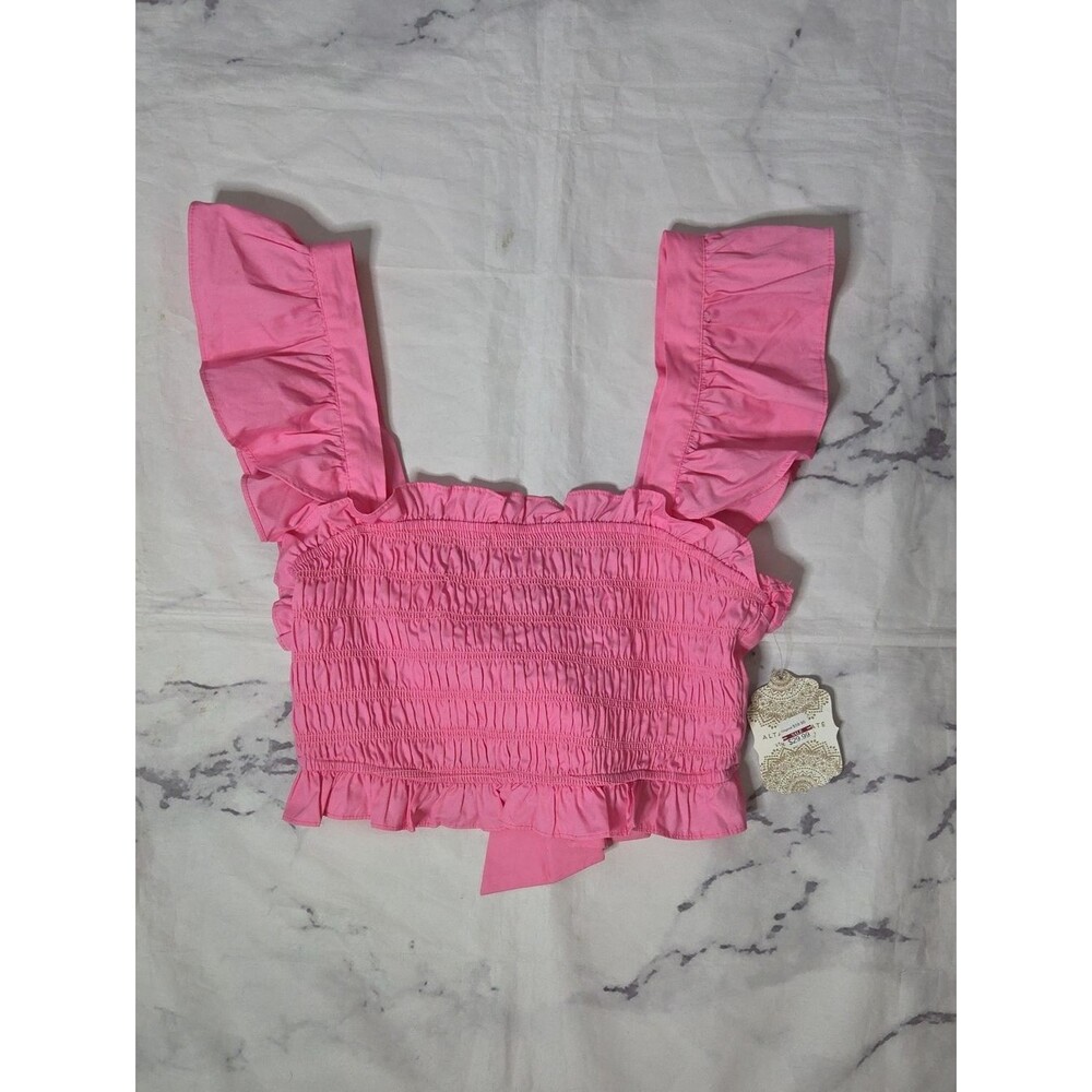 Altar'd State Pink Smocked Ruffle Tie Back Top